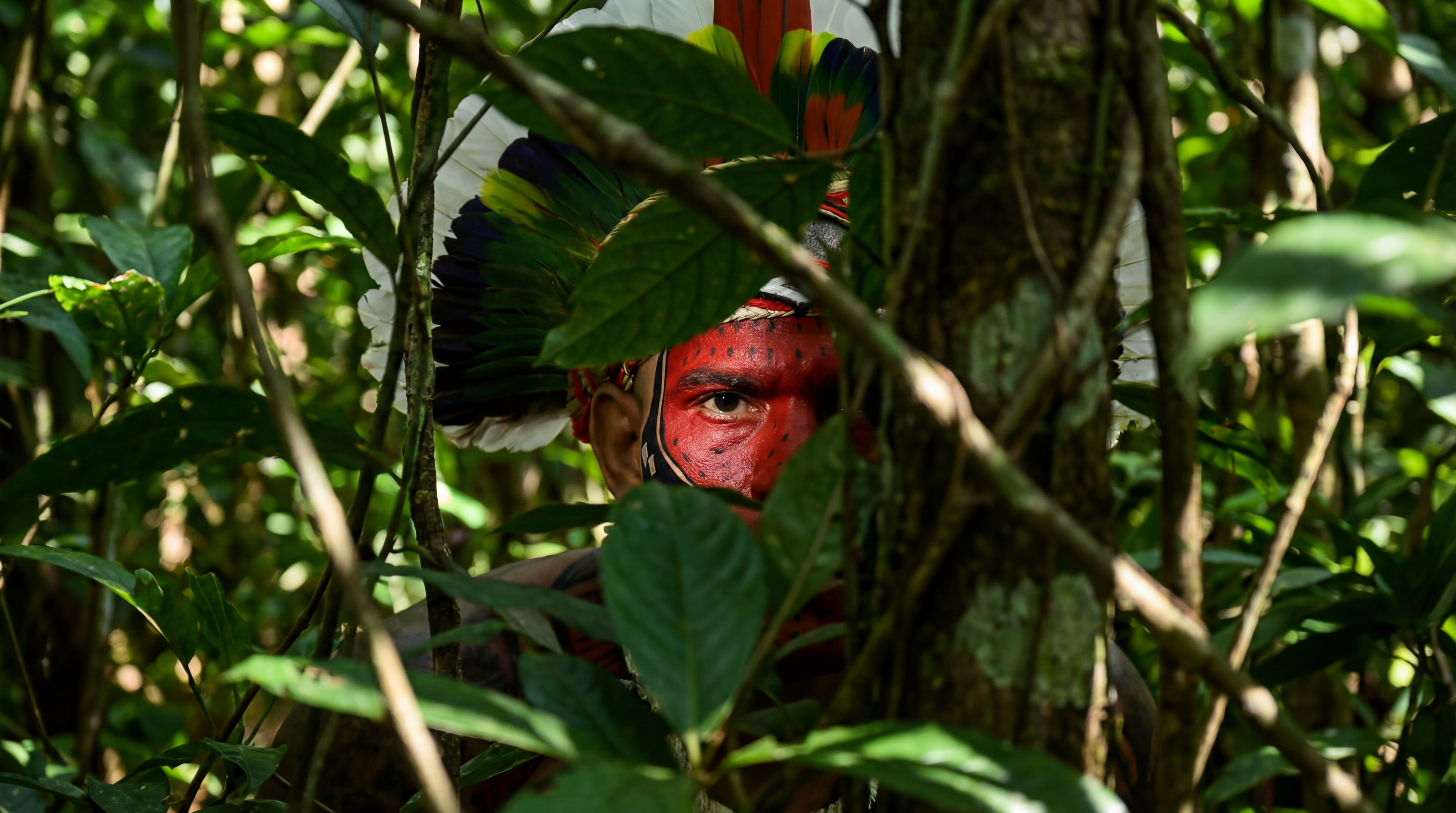 Person with red face paint and headdress in a forest setting