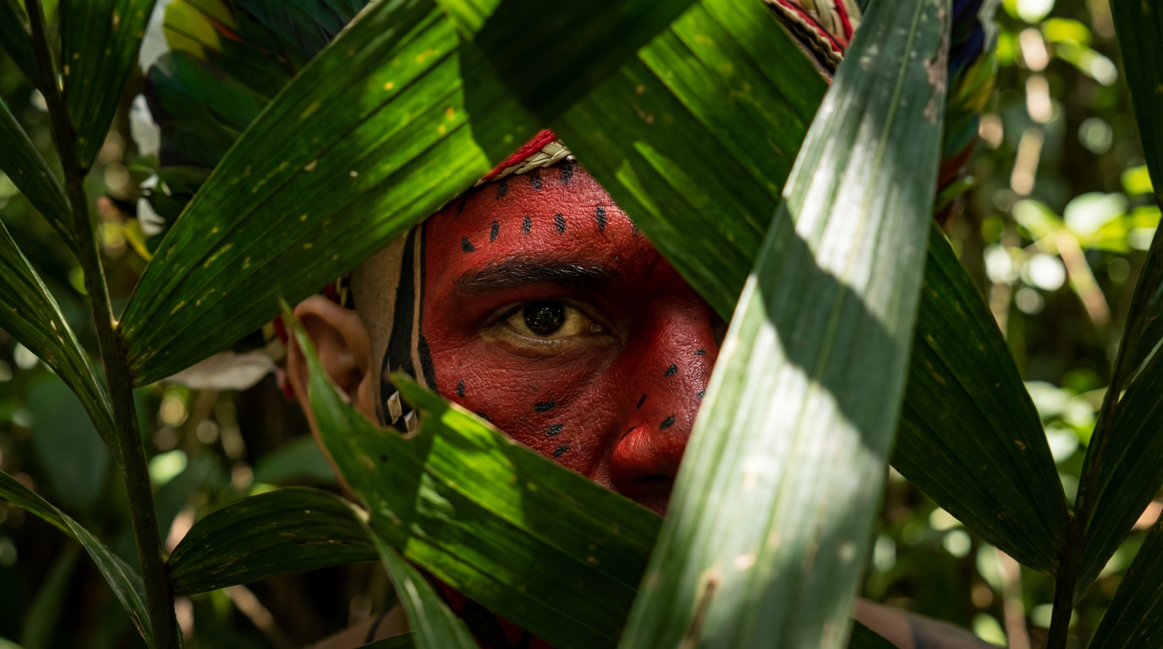 Person with red face paint peeking through green leaves
