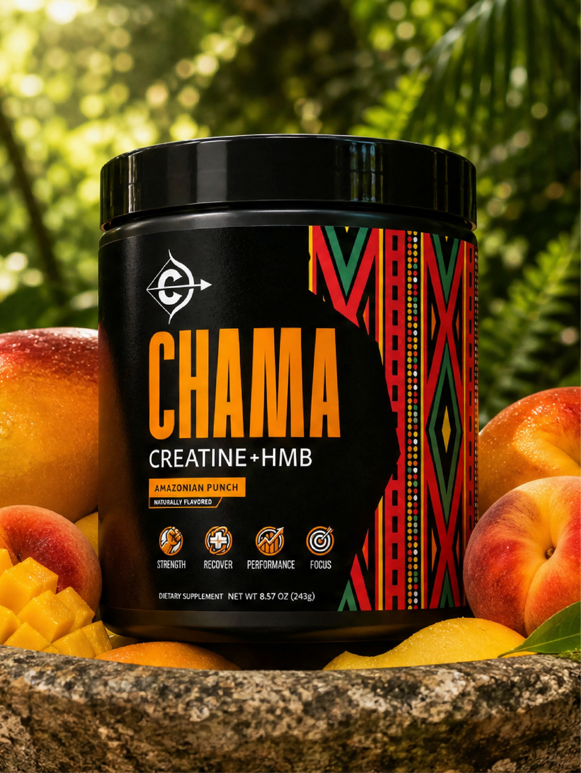 chama creatine amazonian punch creatine powder in the jungle with peaches and mangoes