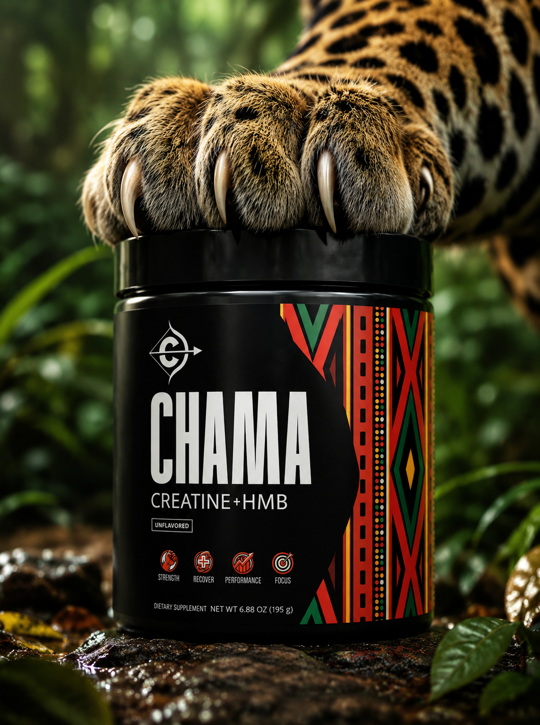 Supplement container labeled 'CHAMA' with a jaguar's paw on top, set against a natural background.