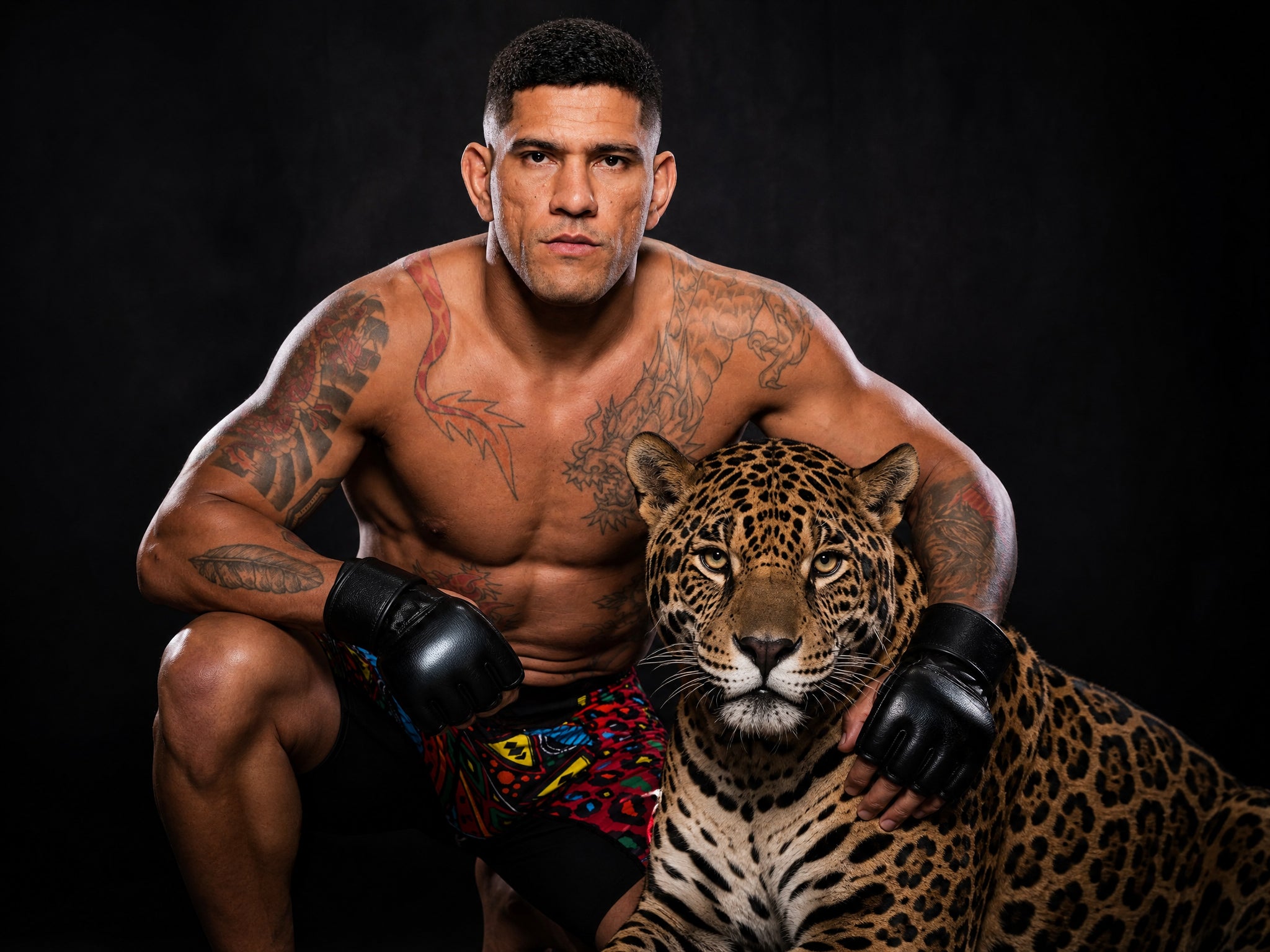 Alex Pereira with tattoos and boxing gloves holding a jaguar on a black background