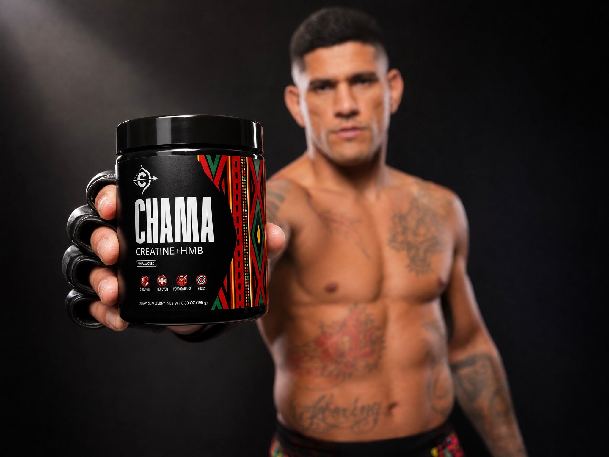 Alex Pereira holding a chama creatine supplement container with a dark background