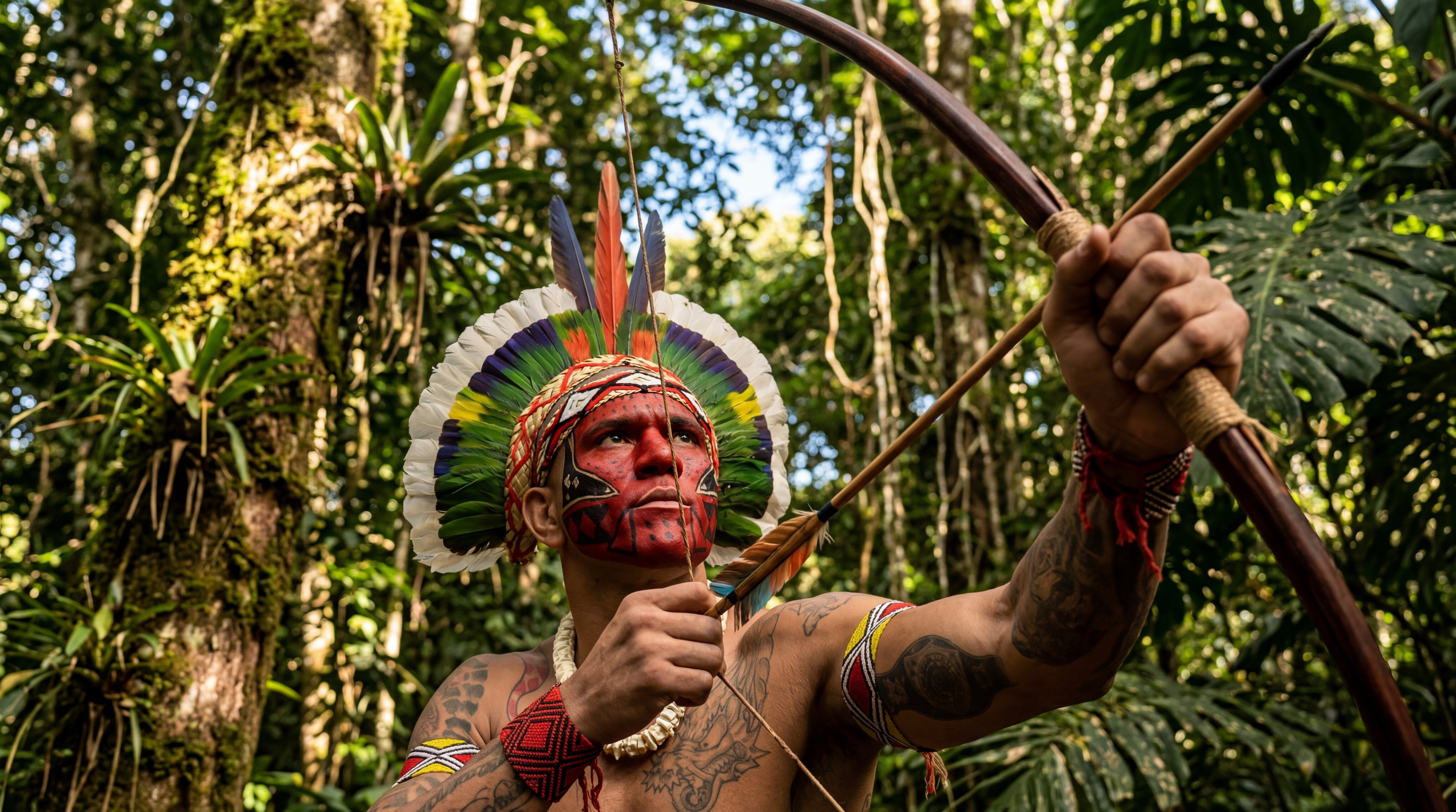Man in a headdress holding a bow and arrow in a forest setting