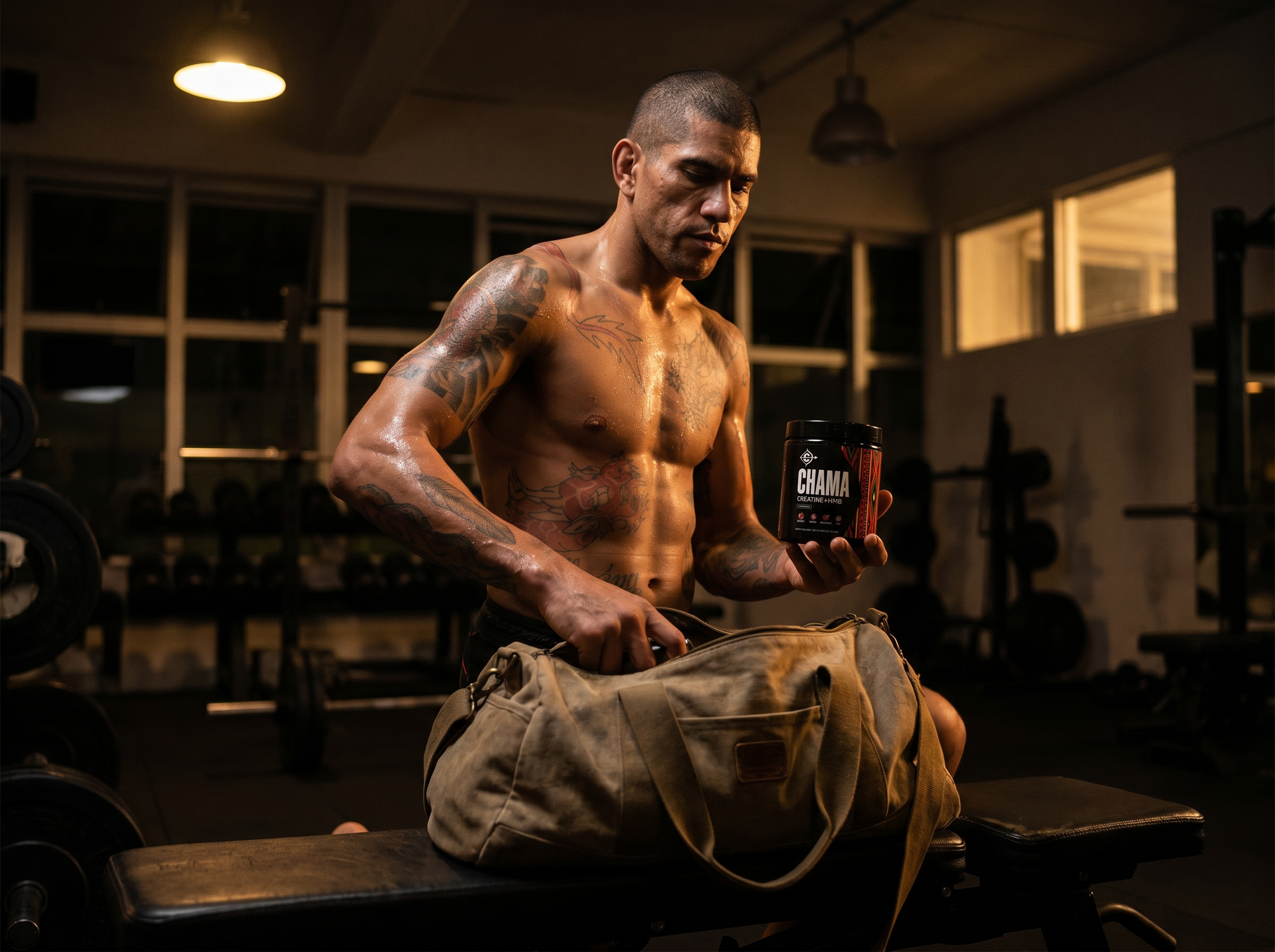 Man in a gym holding a chama creatine supplement container