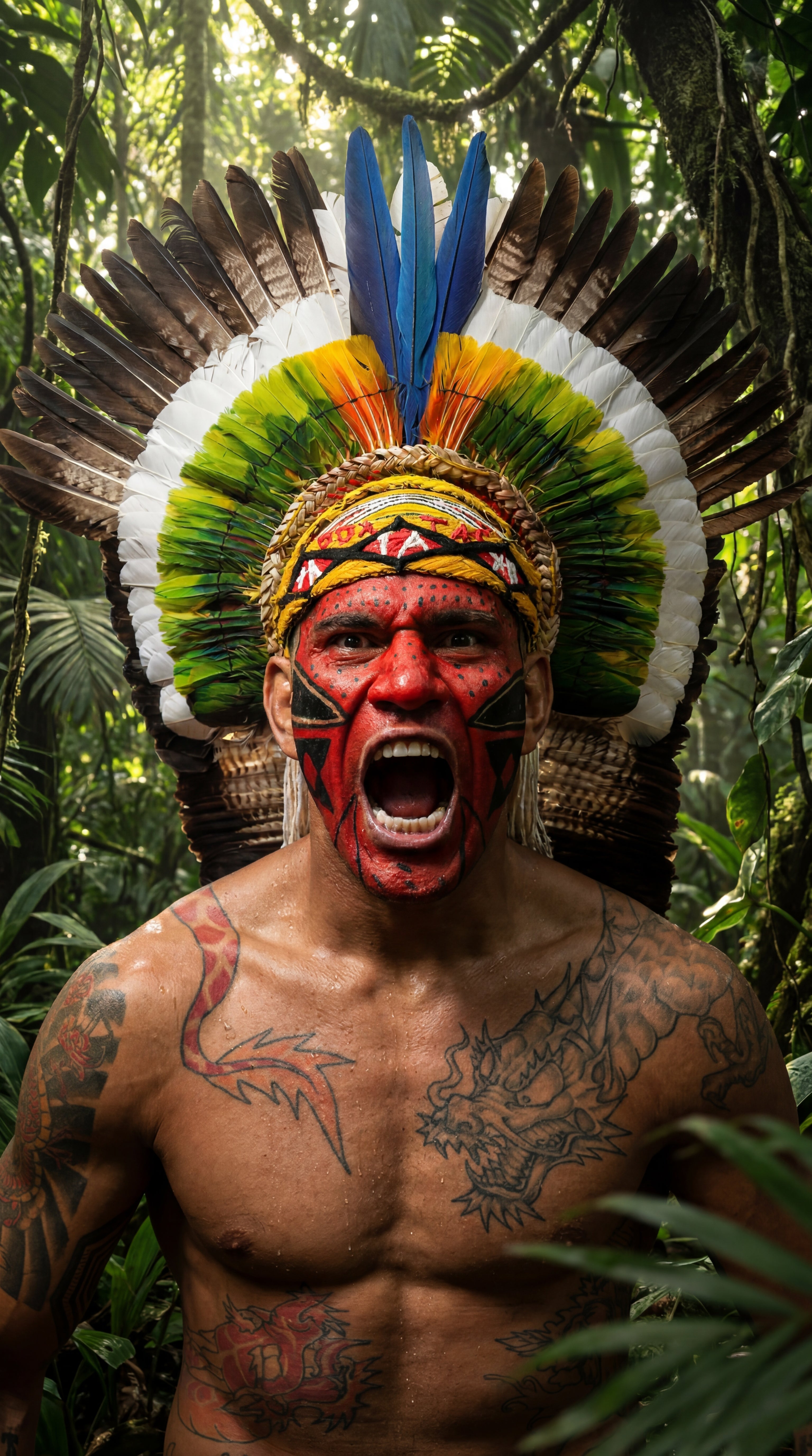 Alex Pereira with a colorful headdress and tattoos in a forest setting