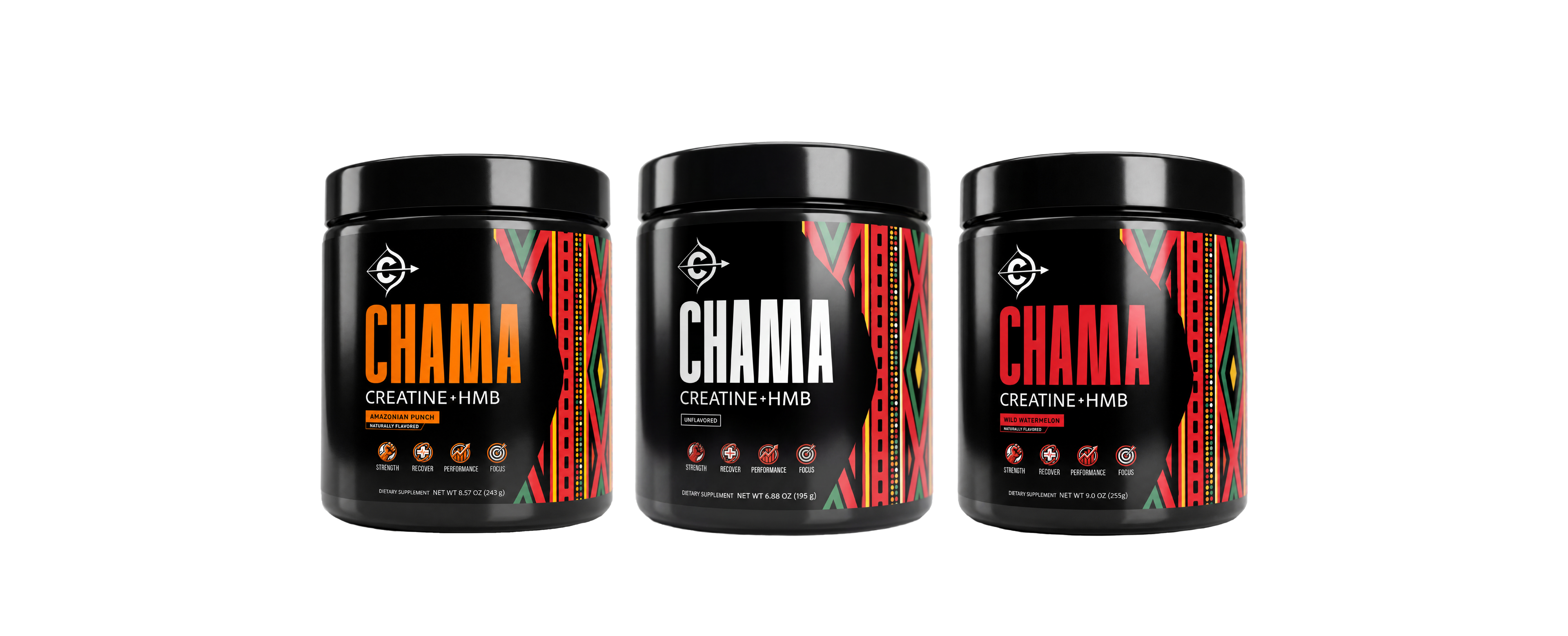 Three creatine products labeled 'CHAMA' on a white background. Flavors, Amazonian Punch, Unflavored and Wild Watermelon