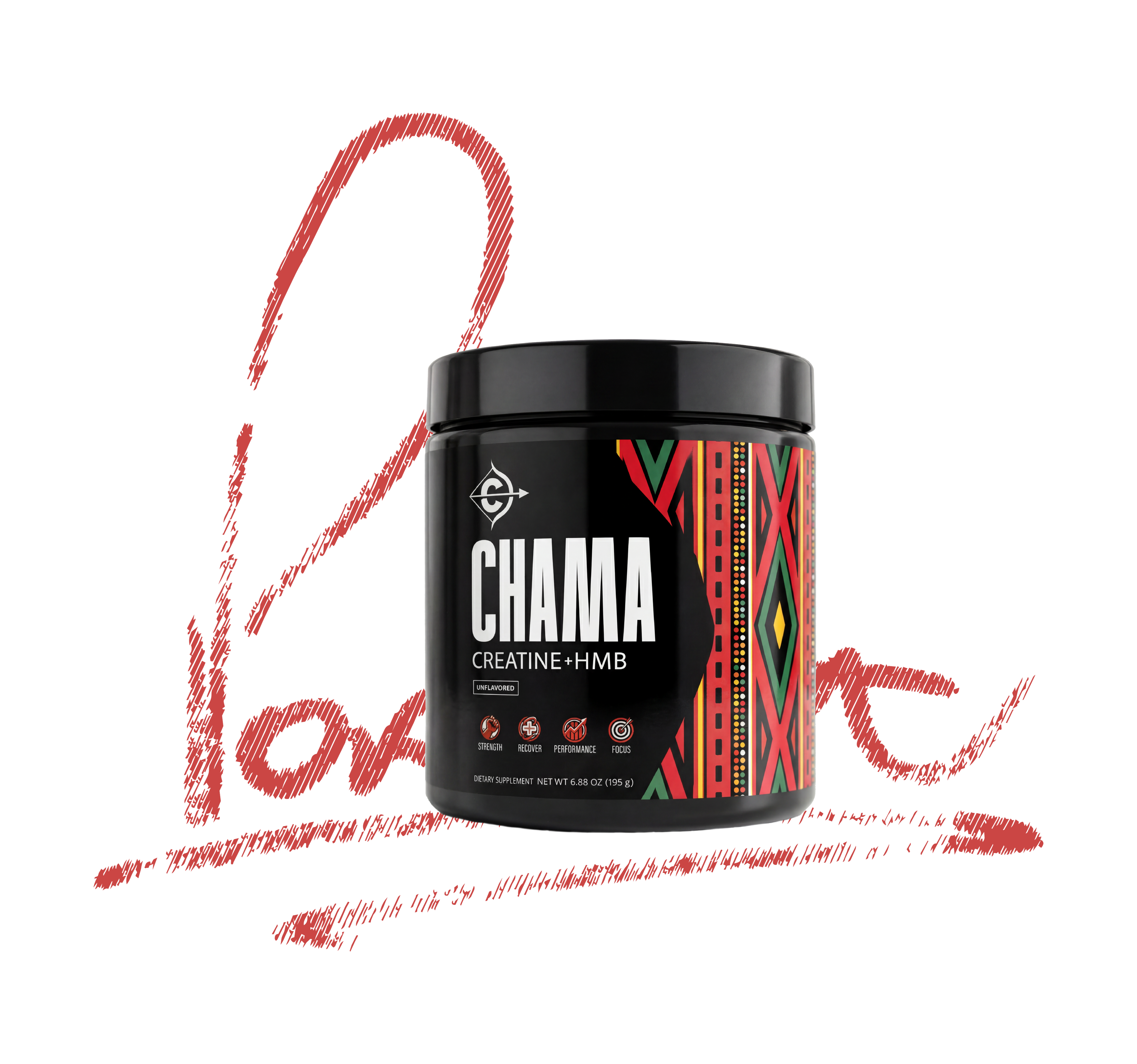 Black supplement container labeled 'CHAMA' with colorful design on a white background